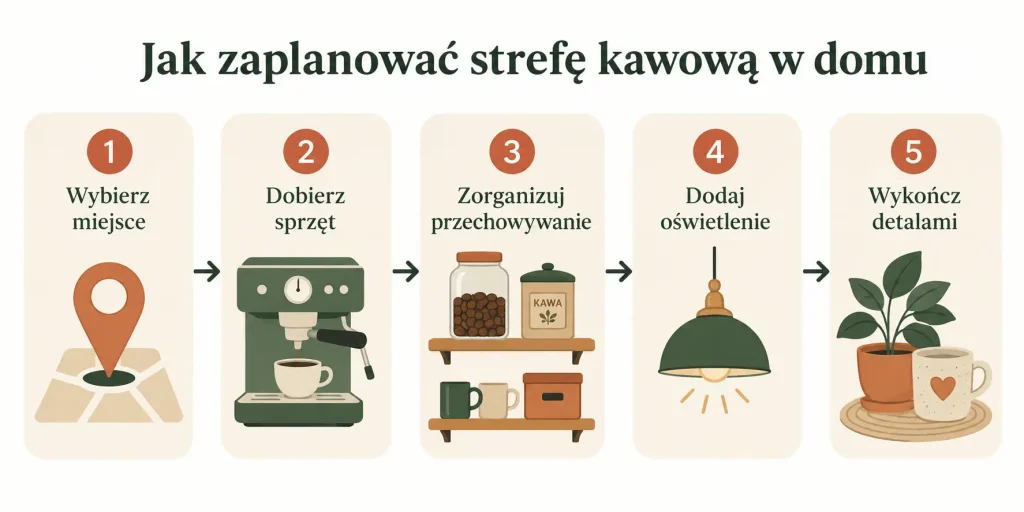 Schemat zatytułowany "Jak zaplanować strefę kawową w domu" z pięcioma krokami: wybór miejsca, sprzęt, przechowywanie, oświetlenie i dekoracje, styl — każdy krok z ikoną i krótkim opisem