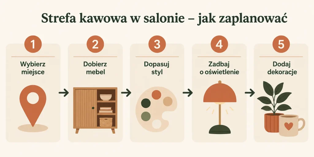 Schemat zatytułowany "Strefa kawowa w salonie – jak zaplanować" z pięcioma elementami: wybór miejsca, dobór mebla, styl i kolory, oświetlenie, dekoracje — każdy z ikoną i krótkim opisem