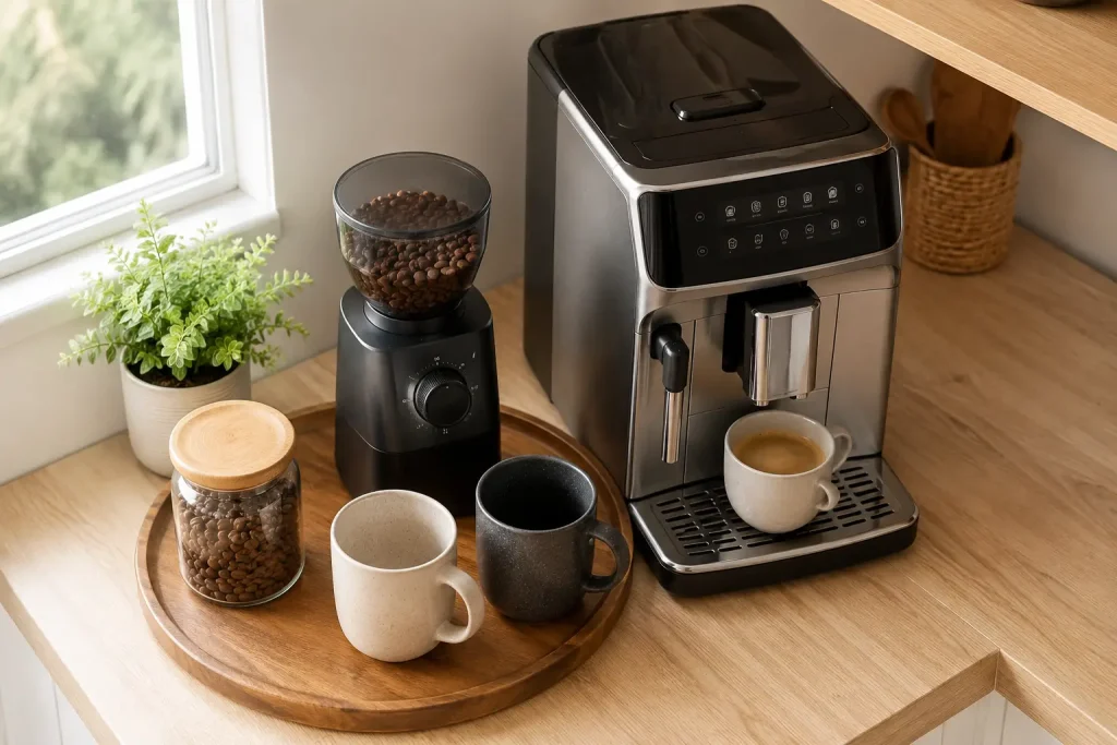 Domowy coffee bar na fragmencie jasnego blatu kuchennego — ekspres automatyczny, młynek, dwa kubki ceramiczne i słoik z ziarnami kawy ustawione na drewnianej tacy