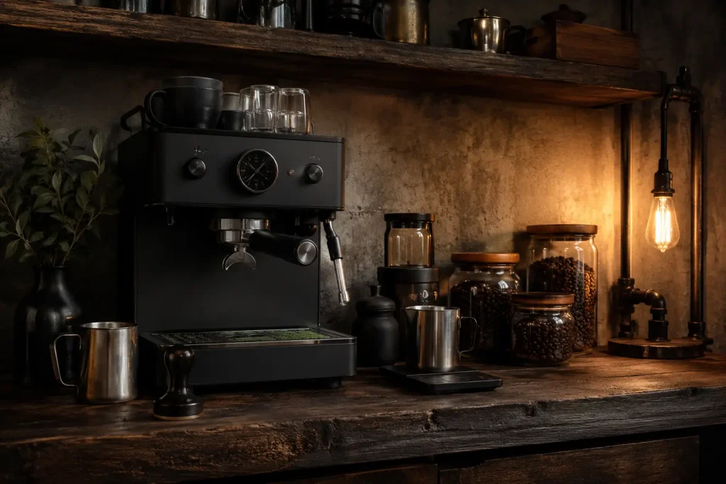 Coffee bar w stylu industrialnym — czarny ekspres kolbowy na ciemnej drewnianej półce, szklane słoiki z kawą, metalowe akcesoria i lampa z żarówką edisona w tle