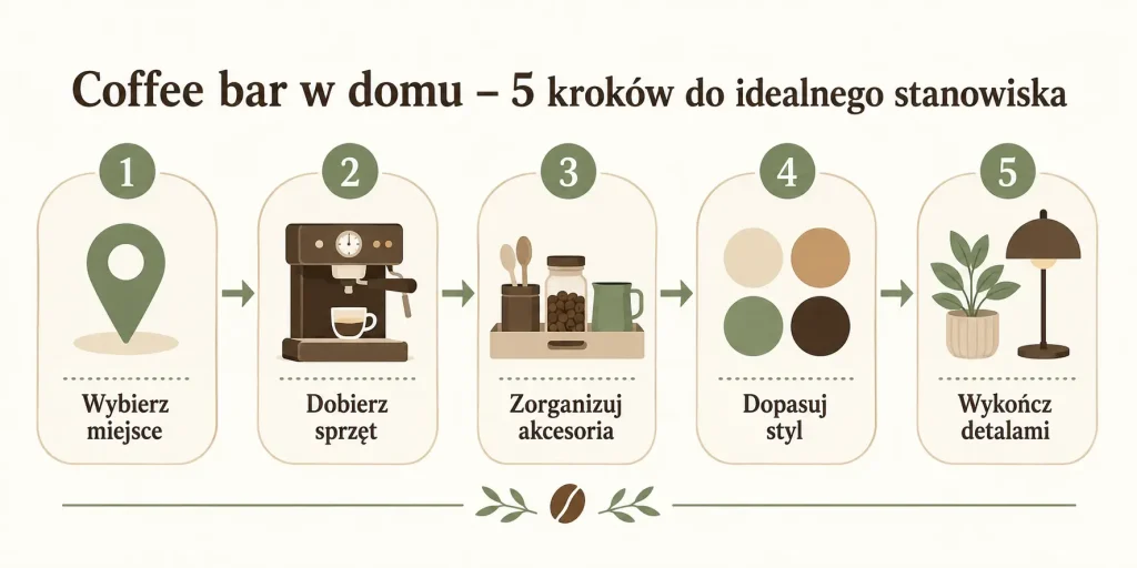Schemat zatytułowany "Coffee bar w domu – 5 kroków do idealnego stanowiska" z pięcioma etapami: wybierz miejsce, dobierz sprzęt, zorganizuj akcesoria, dopasuj styl, wykończ detalami — każdy krok z ikoną i krótkim opisem