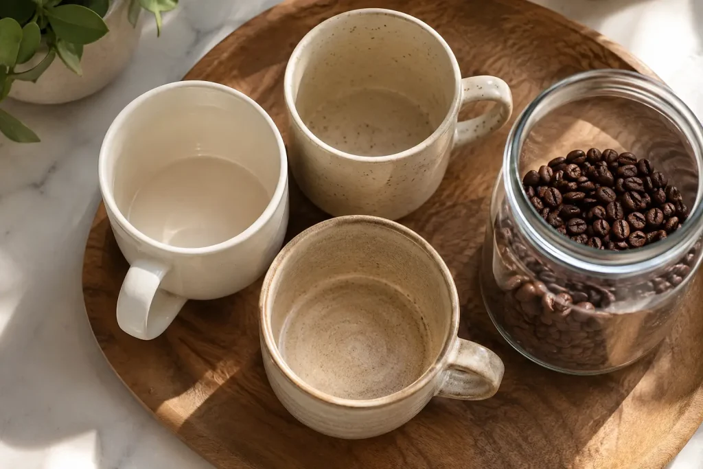 Zbliżenie na fragment kącika kawowego — trzy ceramiczne kubki w odcieniach bieli i beżu ustawione na drewnianej tacy, obok szklany słój z ziarnami kawy