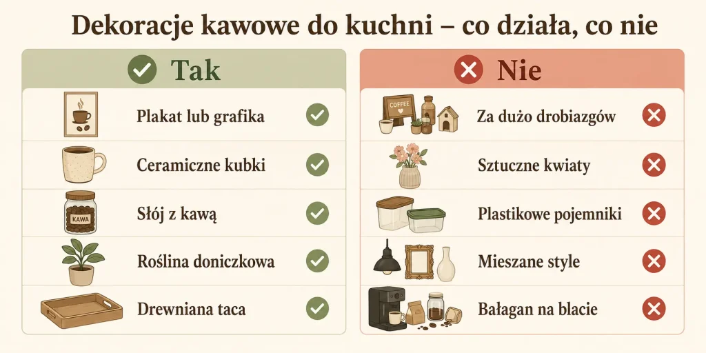 Schemat zatytułowany "Dekoracje kawowe do kuchni – co działa, co nie działa" z dwiema kolumnami: lewa z checkmarkami (plakat, ceramika, słoje, roślina, taca), prawa z przekreśleniami (za dużo drobiazgów, niespójny styl, sztuczne kwiaty, plastikowe pojemniki) — minimalistyczny flat design