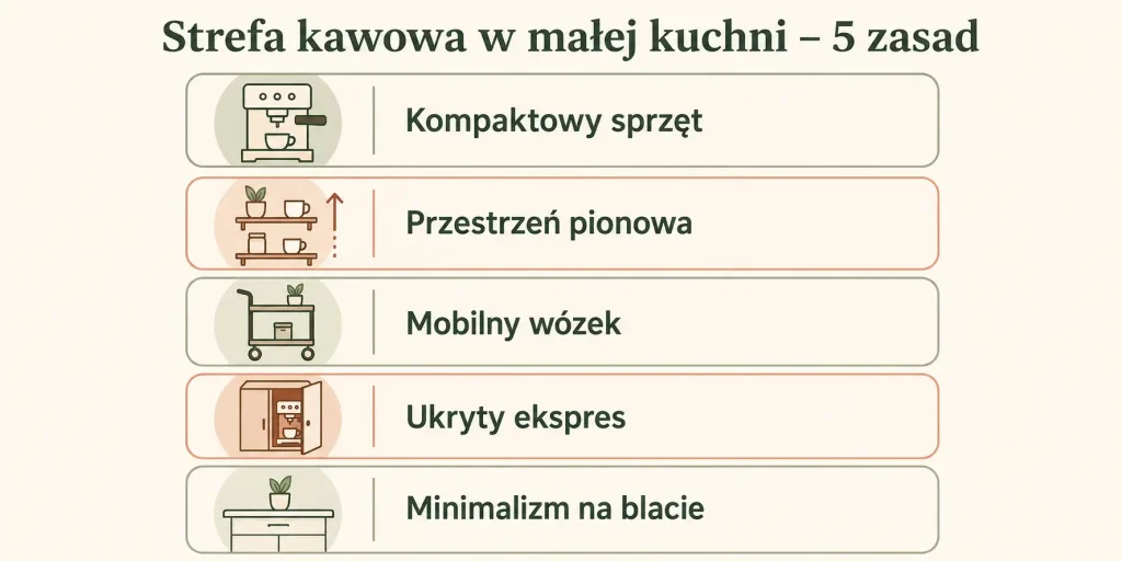 Schemat zatytułowany "Strefa kawowa w małej kuchni – 5 zasad" z pięcioma punktami: kompaktowy sprzęt, przestrzeń pionowa, mobilny wózek, ukryty ekspres, minimalizm na blacie — każdy punkt z ikoną i krótkim opisem