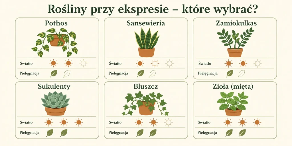Schemat zatytułowany "Rośliny przy ekspresie – które wybrać?" z sześcioma gatunkami w oddzielnych polach: pothos, sansewieria, zamiokulkas, sukulenty, bluszcz, zioła — każdy z ikoną rośliny, poziomem trudności pielęgnacji i wymaganiem świetlnym