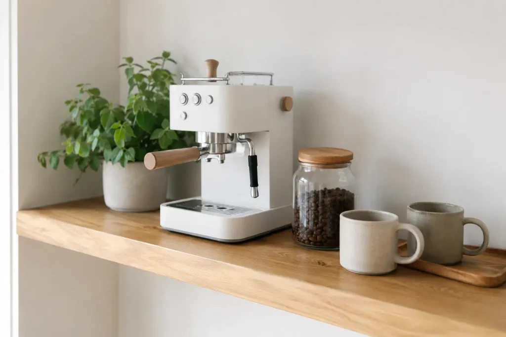 Jasny kącik kawowy w stylu skandynawskim na drewnianej półce — biały ekspres, ceramiczne kubki, słoik z kawą i mała zielona roślina, naturalne światło z okna