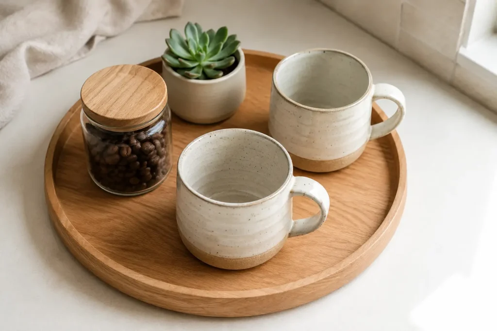 Zbliżenie na drewnianą tacę z dwoma ceramicznymi kubkami, słoikiem na kawę i małą rośliną na jasnym blacie kuchennym