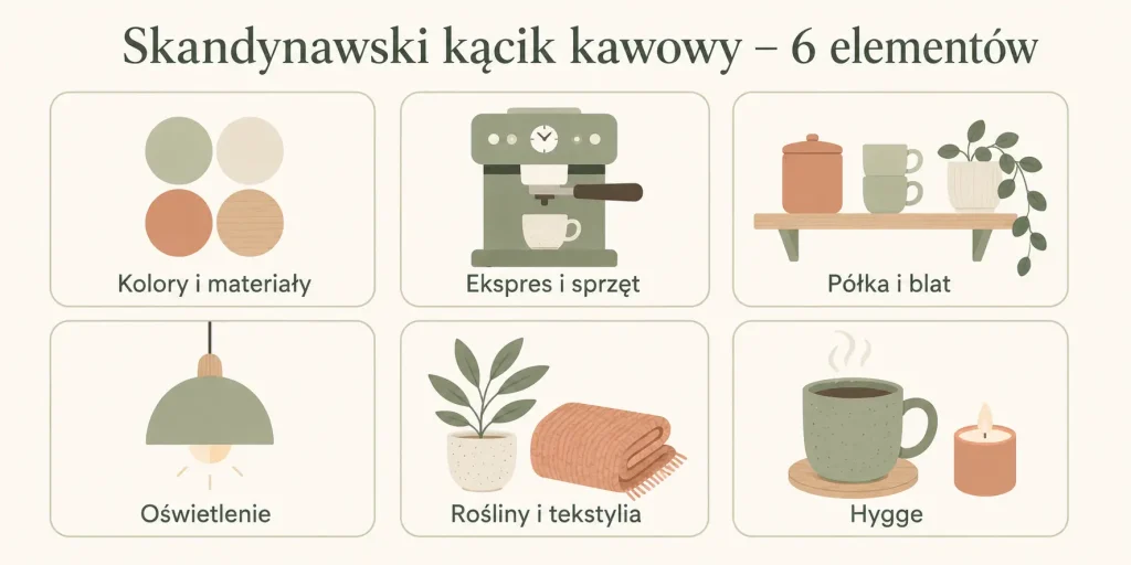Schemat zatytułowany "Skandynawski kącik kawowy – 6 elementów" z sześcioma polami: kolory i materiały, ekspres i sprzęt, półka i blat, oświetlenie, rośliny i tekstylia, hygge — każde z ikoną i krótkim opisem