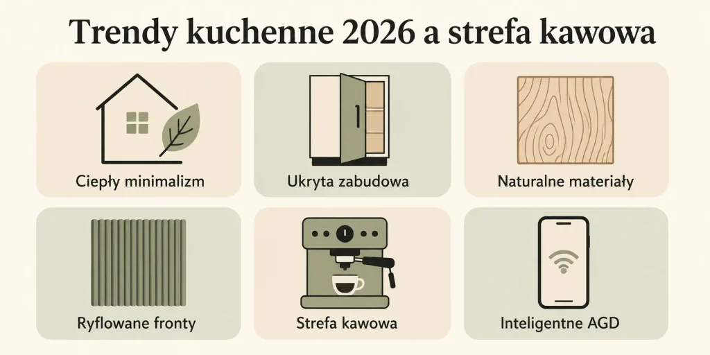 Schemat zatytułowany "Trendy kuchenne 2026 a strefa kawowa" z sześcioma elementami: ciepły minimalizm, ukryta zabudowa, naturalne materiały, ryflowane fronty, strefa kawowa, inteligentne AGD — każdy z ikoną i krótkim opisem