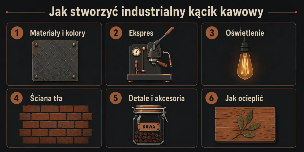 Schemat zatytułowany "Jak stworzyć industrialny kącik kawowy" z sześcioma elementami: materiały i kolory, ekspres, oświetlenie, ściana tła, detale i akcesoria, jak ocieplić — każdy z ikoną i krótkim opisem