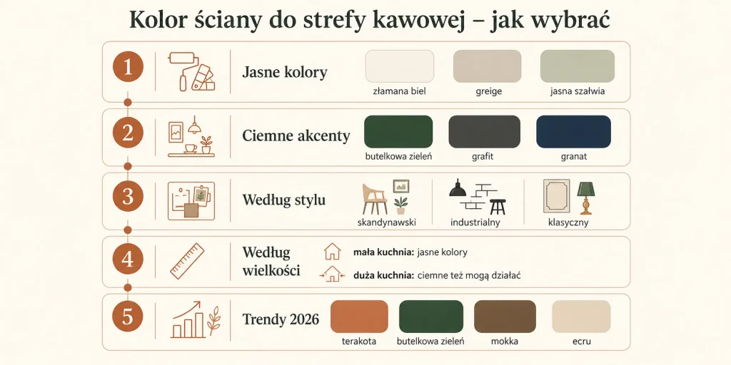 Schemat zatytułowany "Kolor ściany do strefy kawowej – jak wybrać" z pięcioma sekcjami: jasne kolory, ciemne akcenty, kolory według stylu, kolory według wielkości kuchni, trendy 2026 — każda z przykładowymi kolorami i ikonami