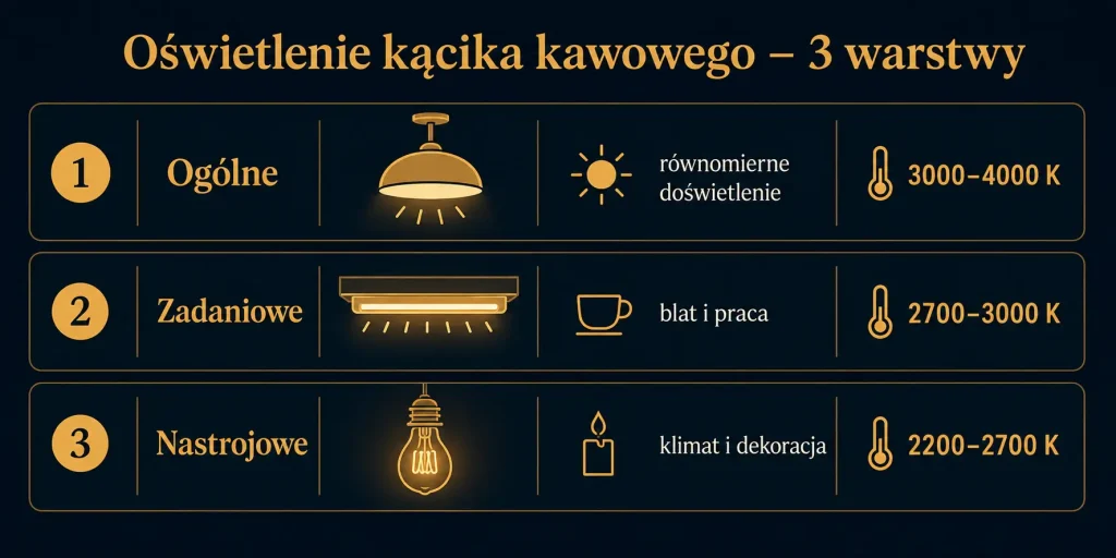 Schemat zatytułowany "Oświetlenie kącika kawowego – 3 warstwy i jak je łączyć" z trzema warstwami: ogólne, zadaniowe, nastrojowe — z ikonami, przykładami rozwiązań i zalecaną barwą światła dla każdej warstwy