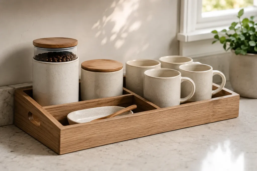 Drewniany organizer na kawę na blacie kącika kawowego — pojemniki z ziarnami, szuflada z kapsułkami i ceramiczne kubki obok ekspresu