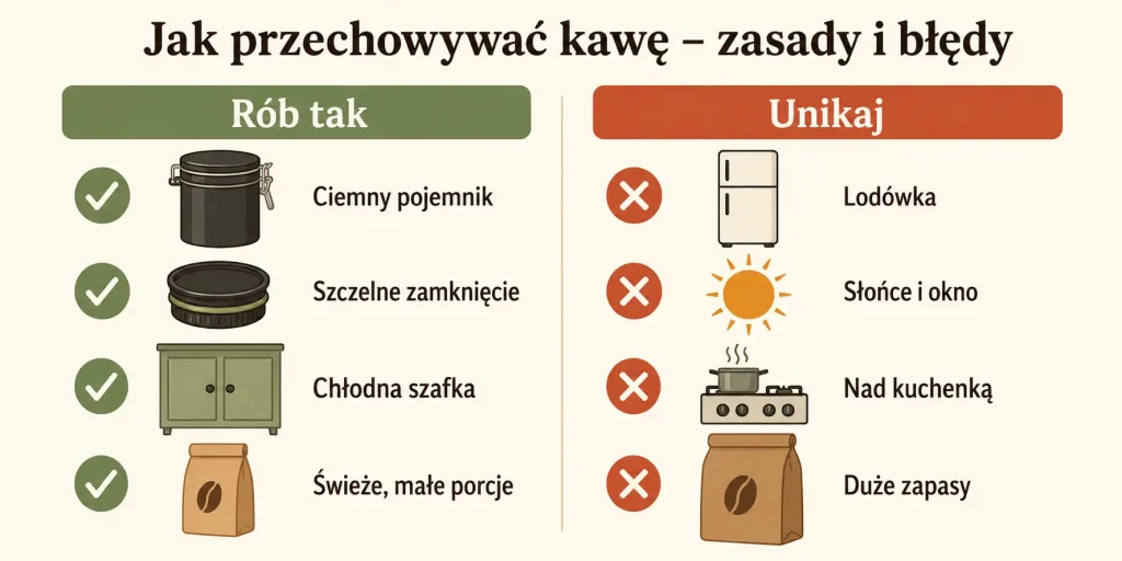 Schemat zatytułowany "Jak przechowywać kawę – 4 zasady i 4 błędy" z dwiema kolumnami: lewa z czterema zasadami (ciemno, szczelnie, chłodno, świeżo), prawa z czterema błędami (lodówka, słońce, nad kuchenką, duże zapasy) — każda z ikoną