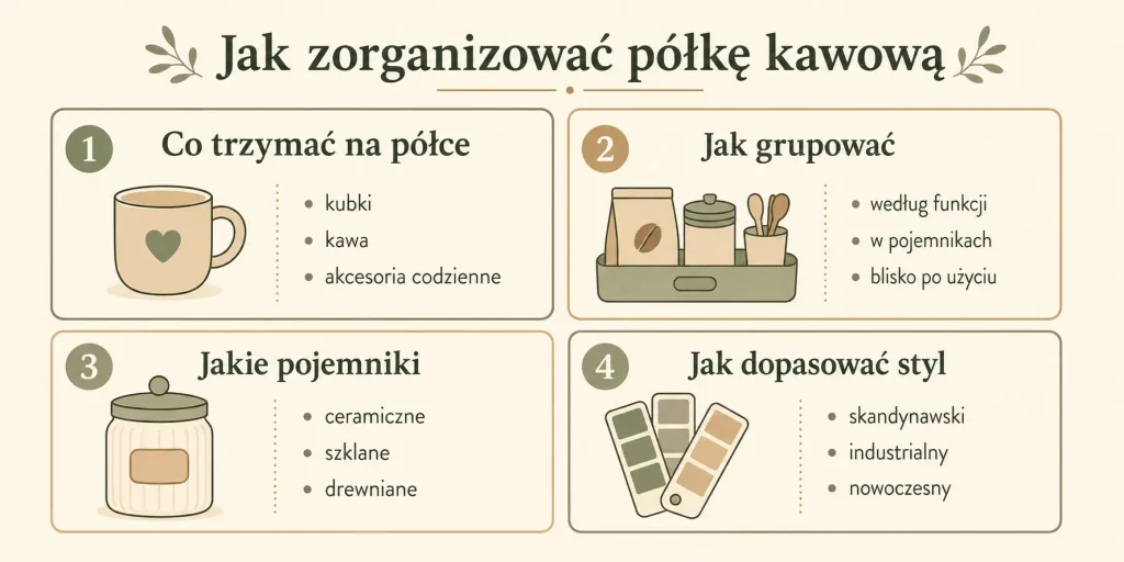 Schemat zatytułowany "Jak zorganizować półkę kawową" z czterema sekcjami: co trzymać na półce, jak grupować akcesoria, jakie pojemniki wybrać, jak dopasować styl — każda z ikonami i krótkimi podpunktami