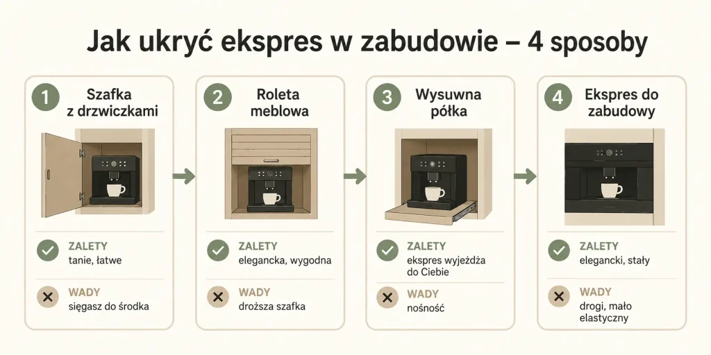 Schemat zatytułowany "Jak ukryć ekspres w zabudowie – 4 sposoby" z czterema panelami: szafka z drzwiczkami, roleta meblowa, wysuwna półka, ekspres do zabudowy — każdy z ikoną, krótkim opisem i oceną wygody