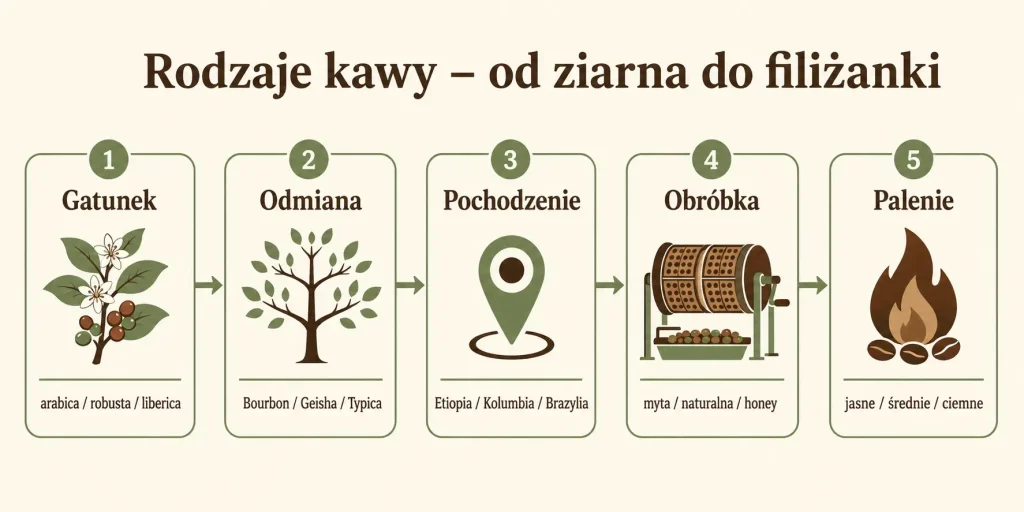 Schemat zatytułowany "Rodzaje kawy – od ziarna do filiżanki" z pięcioma etapami: gatunek, odmiana, pochodzenie, obróbka, palenie — każdy z ikoną i krótkim opisem wpływu na smak