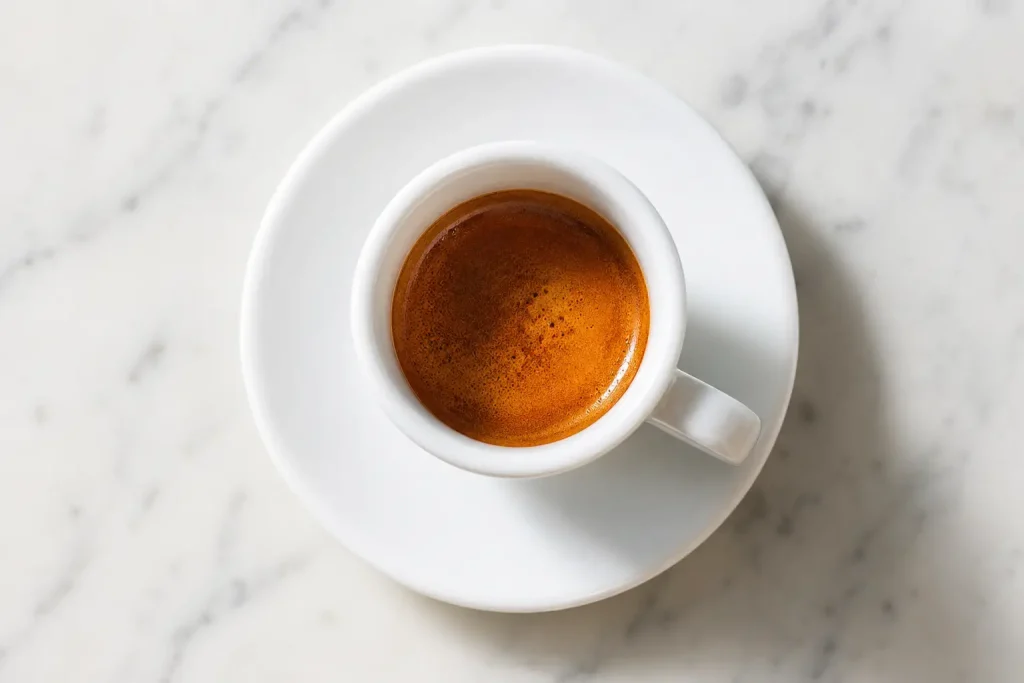 Filiżanka espresso z arabiki na białym spodku — ciemnobrązowe espresso z widoczną jasnobrązową cremą, jasne tło, widok z góry pod kątem