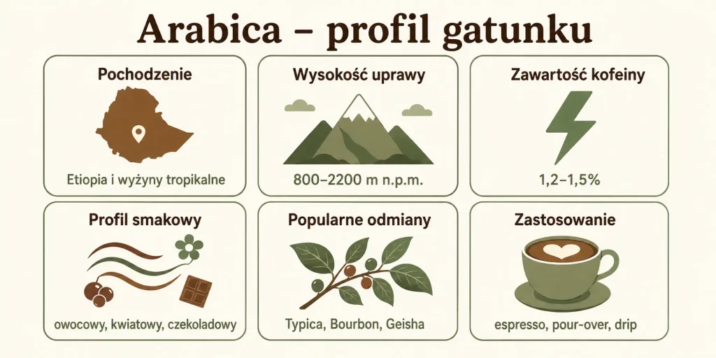 Schemat zatytułowany "Arabica – profil gatunku" z sześcioma sekcjami: pochodzenie, wysokość uprawy, zawartość kofeiny, profil smakowy, popularne odmiany, zastosowanie — każda z ikoną i krótkim opisem