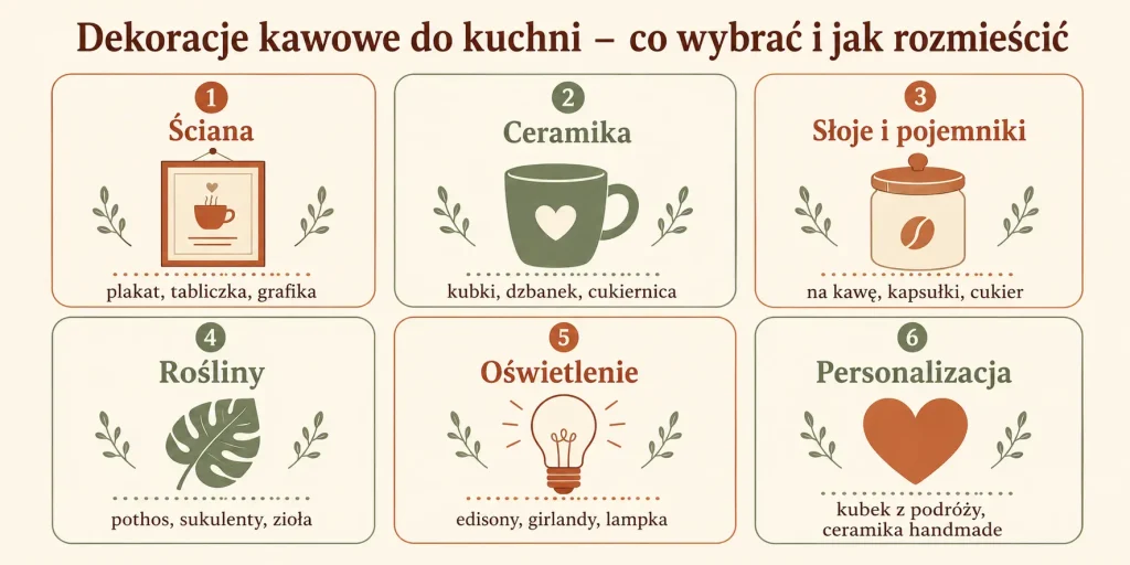 Schemat zatytułowany "Dekoracje kawowe do kuchni – co wybrać i jak rozmieścić" z sześcioma kategoriami: ściana, ceramika, słoje, rośliny, oświetlenie, personalizacja — każda z ikoną i krótkim opisem