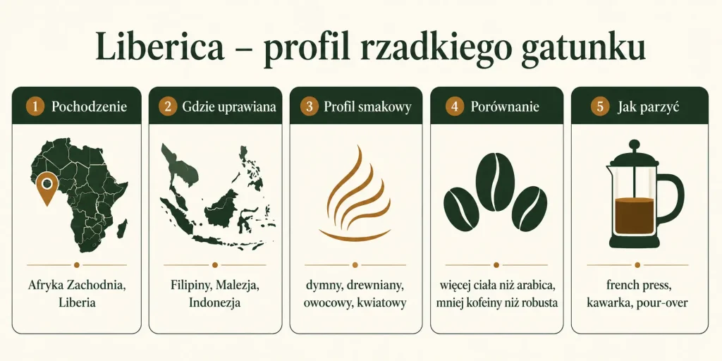 Schemat zatytułowany "Liberica – profil rzadkiego gatunku kawy" z pięcioma sekcjami: pochodzenie, gdzie uprawiana, profil smakowy, porównanie z arabiką i robustą, jak parzyć — każda z ikoną i krótkim opisem