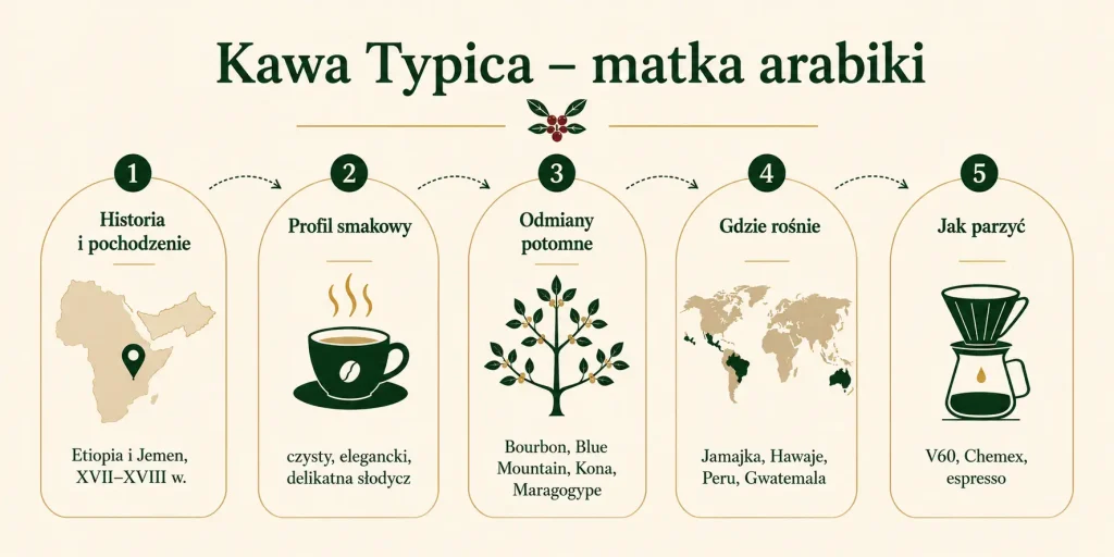Schemat zatytułowany "Kawa Typica – matka arabiki" z pięcioma sekcjami: historia i pochodzenie, profil smakowy, odmiany wywodzące się z Typiki, gdzie rośnie, jak parzyć — każda z ikoną i krótkim opisem