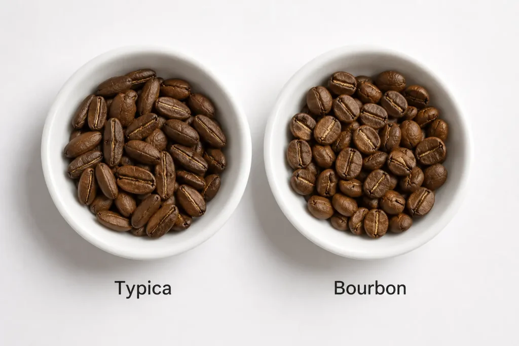 Porównanie ziaren Typica i Bourbon — dwa rzędy ziaren kawy obok siebie, Typica podłużna i spiczasta, Bourbon bardziej owalna i zaokrąglona, białe tło