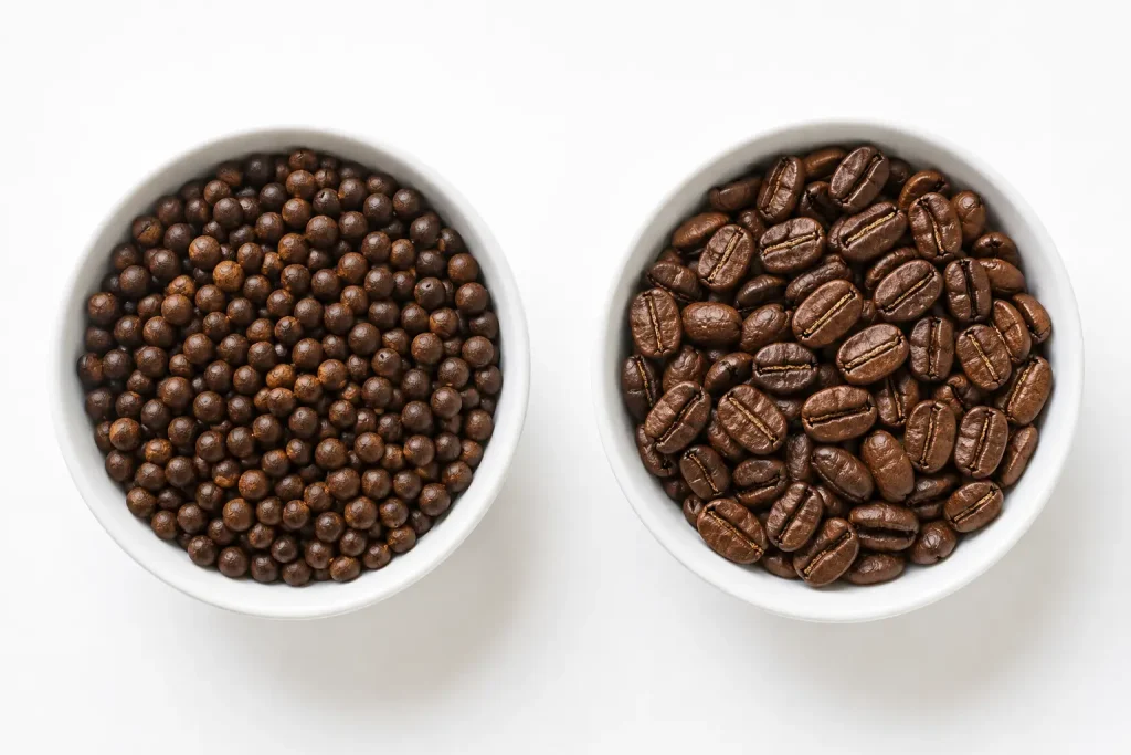 Filiżanka kawy Tanzania Peaberry parzonej metodą pour-over — jasnobrązowy napar w białej filiżance, delikatna para unosząca się ponad naparem, jasne tło