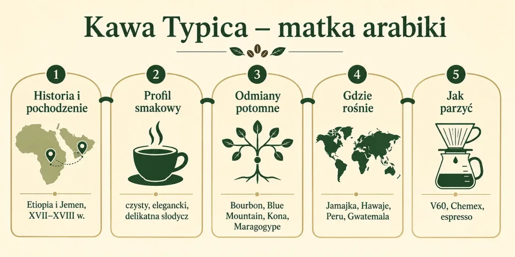 Schemat zatytułowany "Kawa Peaberry – co ją wyróżnia" z pięcioma sekcjami: jak powstaje, jak wygląda, skąd pochodzi, dlaczego droższa, jak parzyć — każda z ikoną i krótkim opisem