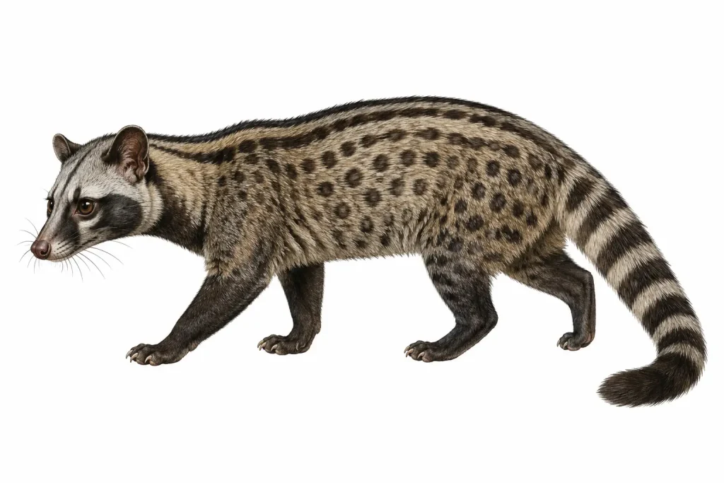 Łaskuny muzanga na ilustracji botanicznej — rysunek zwierzęcia z charakterystyką gatunku, białe tło, styl ilustracji naukowej