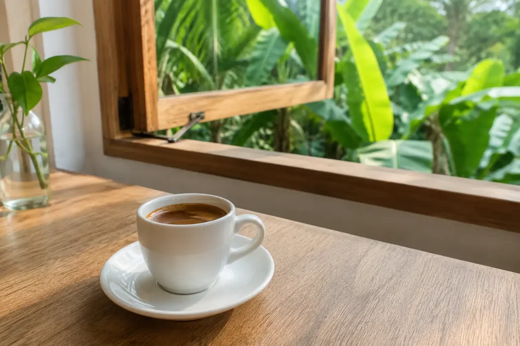  Filiżanka espresso na białym spodku przy otwartym oknie z widokiem na tropikalną roślinność — jasne, słoneczne ujęcie, brak ludzi