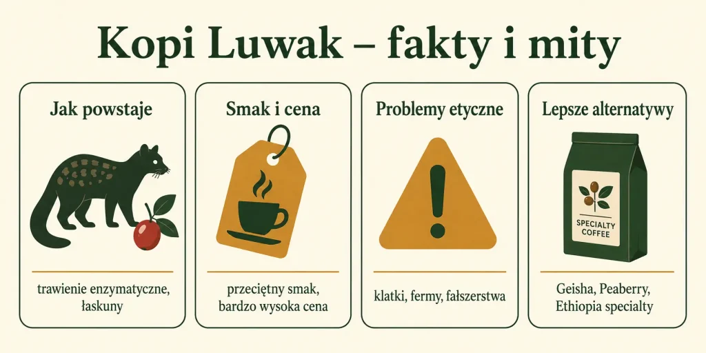 Schemat zatytułowany "Kopi Luwak – fakty i mity" z czterema sekcjami: jak powstaje, smak i cena, problemy etyczne, lepsze alternatywy — każda z ikoną i krótkim opisem