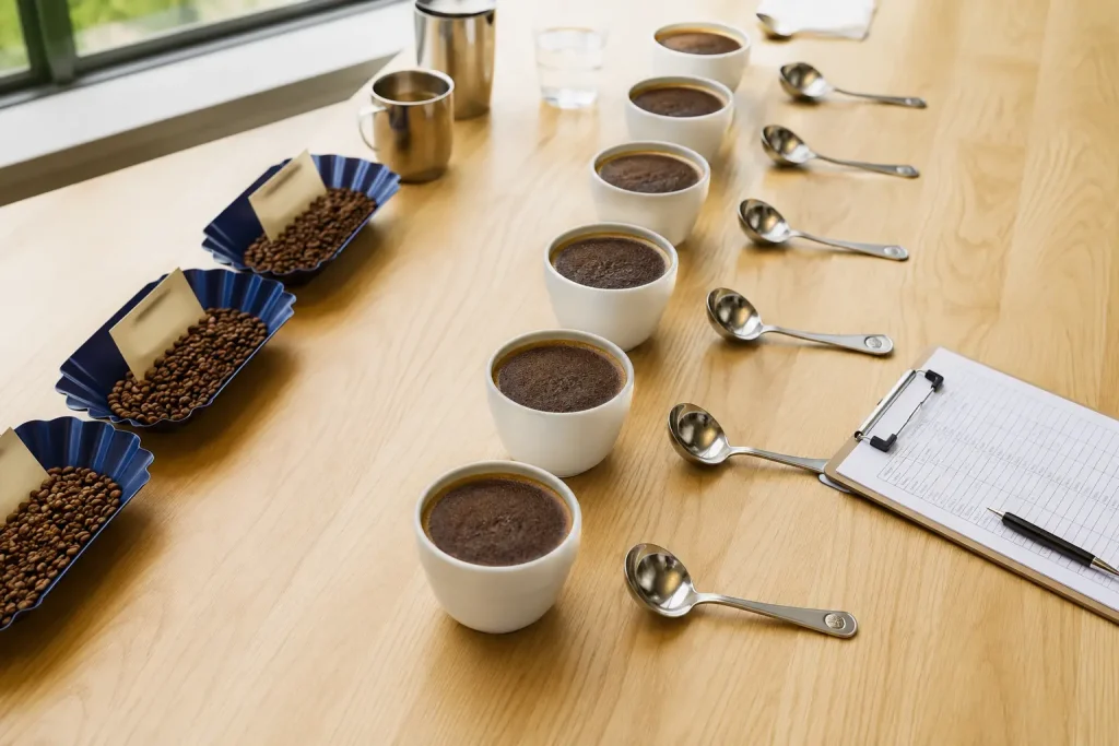  Profesjonalny cupping kawy specialty — rząd białych filiżanek z kawą na drewnianym stole, łyżeczki do degustacji obok, jasne naturalne oświetlenie