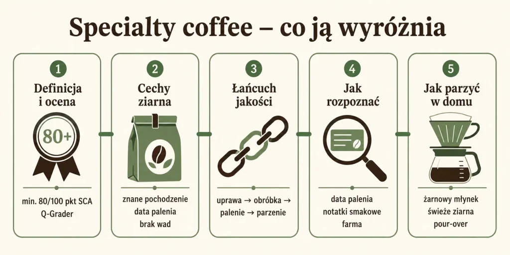 Schemat zatytułowany "Specialty coffee – co ją wyróżnia" z pięcioma sekcjami: definicja i ocena, cechy ziarna, łańcuch jakości, jak rozpoznać, jak parzyć — każda z ikoną i krótkim opisem