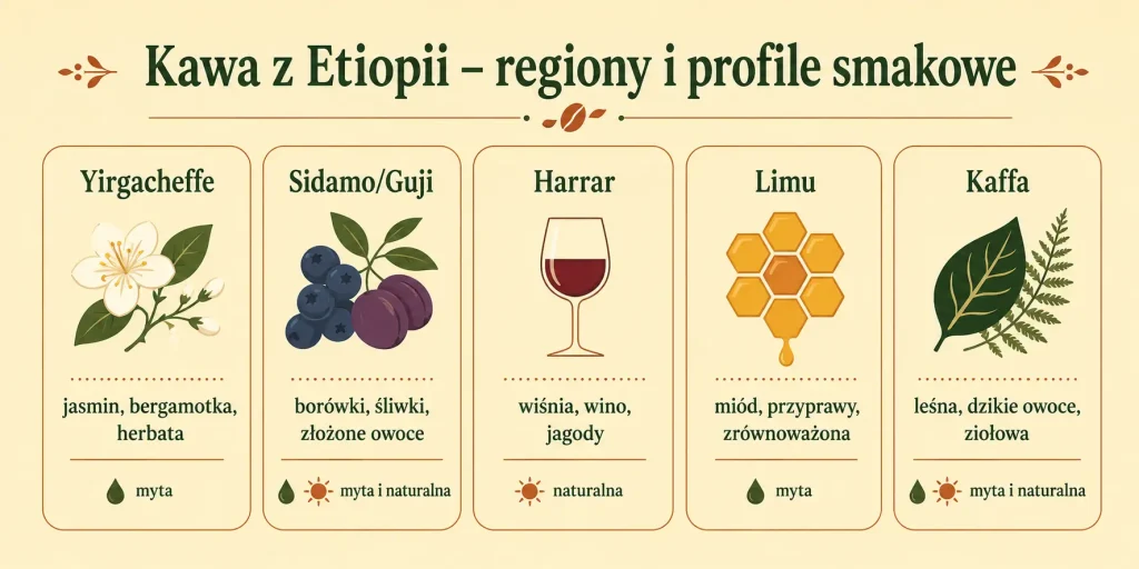  Schemat zatytułowany "Kawa z Etiopii – regiony i profile smakowe" z pięcioma sekcjami: Yirgacheffe, Sidamo i Guji, Harrar, Limu, Kaffa — każda z ikoną, opisem profilu i typową obróbką