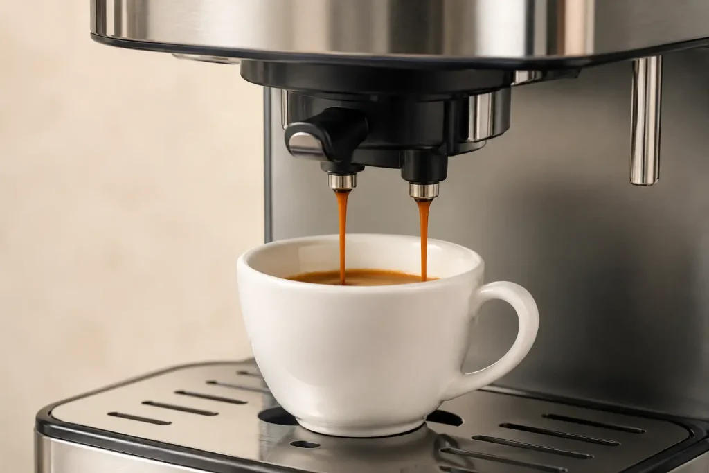  Ekspres automatyczny przygotowujący espresso — strumień ciemnobrązowego espresso wpada do białej filiżanki, jasne tło, naturalne oświetlenie