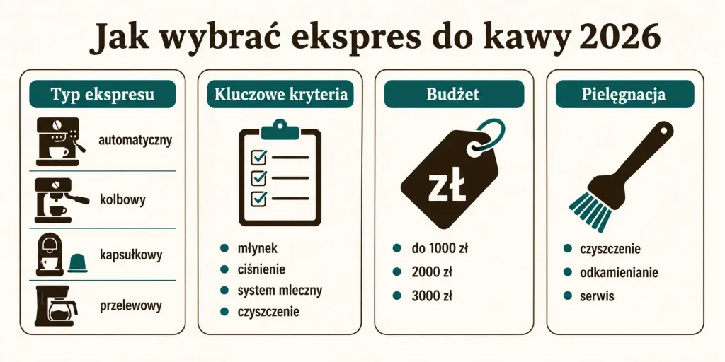 Schemat zatytułowany "Jak wybrać ekspres do kawy 2026" z czterema sekcjami: typ ekspresu, kluczowe kryteria, budżet, pielęgnacja — każda z ikonami i krótkimi opisami