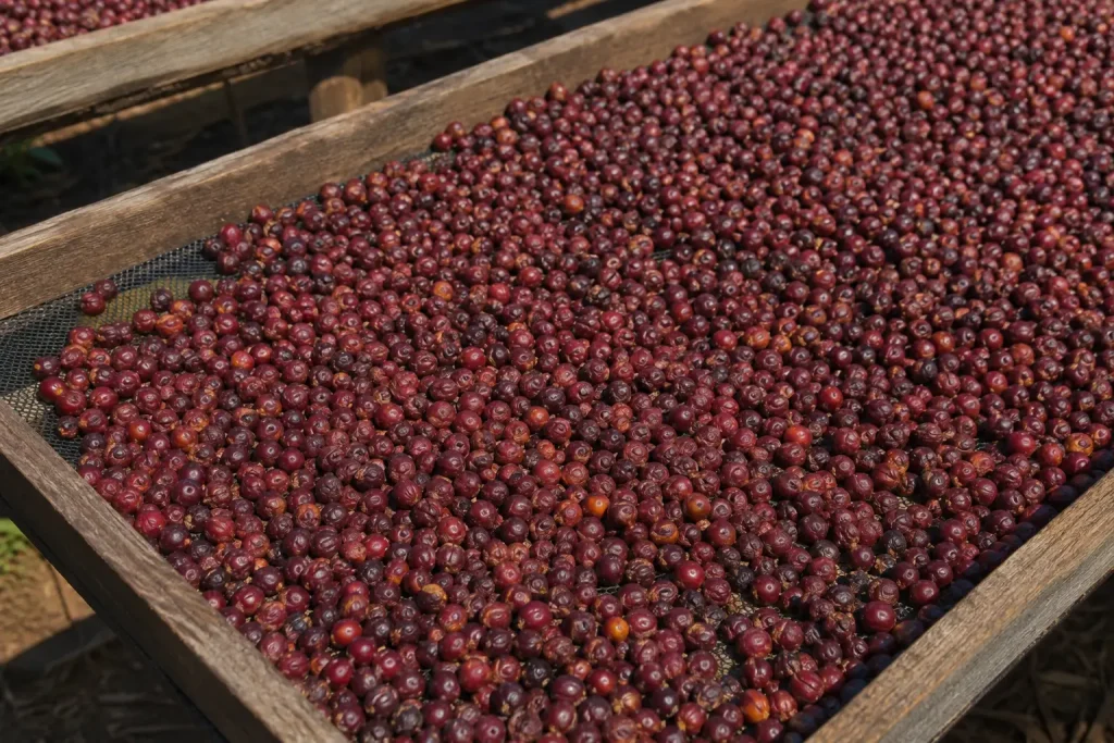  Ziarna brazylijskiej kawy po obróbce naturalnej — ciemnobrązowe, nieco niejednorodne ziarna arabiki wysypane na jutowej tkaninie, widok z góry, ciepłe naturalne oświetlenie