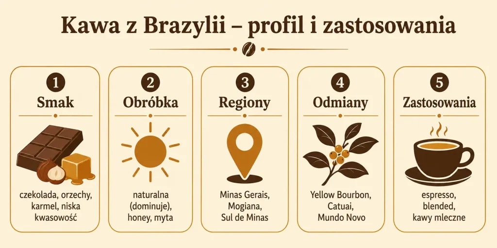 Schemat zatytułowany "Kawa z Brazylii – profil i zastosowania" z pięcioma sekcjami: smak, obróbka, regiony, odmiany, zastosowania — każda z ikoną i krótkim opisem