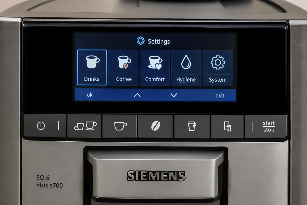  Panel sterowania ekspresu Siemens EQ.6 z widocznym wyświetlaczem i przyciskami — ekran pokazuje menu ustawień, jasne neutralne tło