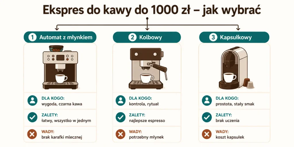 Schemat zatytułowany "Ekspres do kawy do 1000 zł – jak wybrać" z trzema ścieżkami wyboru: automat z młynkiem, kolbowy, kapsułkowy — każda z opisem profilu użytkownika, zaletami i wadami