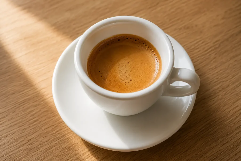 Espresso w białej filiżance przygotowane przez ekspres domowy — ciemnobrązowe espresso z wyraźną cremą, filiżanka na spodku, jasne neutralne tło