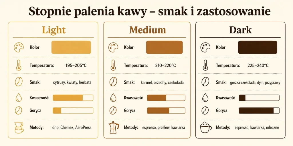 Stopnie palenia kawy: jasne, średnie i ciemne — jak wpływają na smak i które wybrać