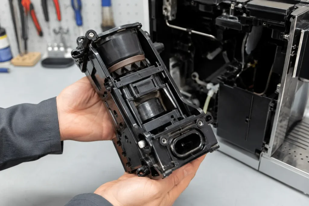 Serwisant trzymający w rękach wyjęty blok zaparzający ekspresu automatycznego — metalowy mechanizm jednostki zaparzającej, jasne tło warsztatowe