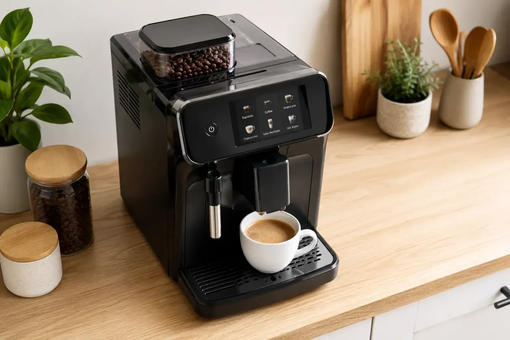 Ekspres automatyczny z młynkiem na jasnym drewnianym blacie kuchennym — filiżanka espresso pod wylewką, widoczny panel sterowania z przyciskami, naturalne oświetlenie