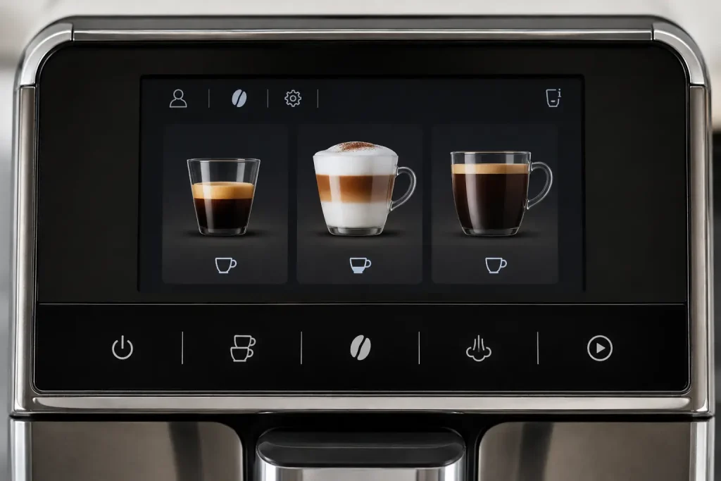 Panel sterowania ekspresu automatycznego z widocznym menu kaw na wyświetlaczu — ikony espresso, cappuccino i lungo, przyciski dotykowe, jasne tło