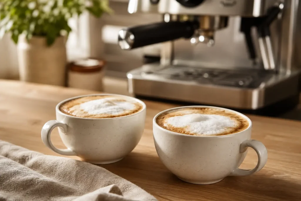 Dwie filiżanki cappuccino przygotowane przez ekspres automatyczny — widoczna spieniona pianka mleczna na wierzchu, jasny drewniany blat, naturalne oświetlenie