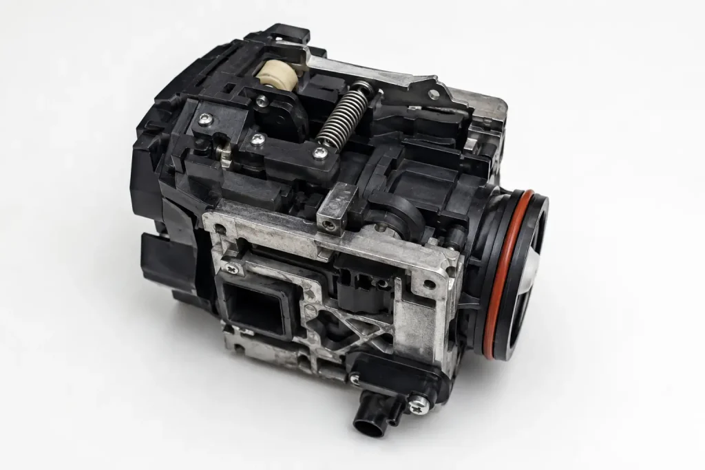 Wyjęta jednostka zaparzająca ekspresu Saeco — metalowo-plastikowy blok parzący leżący na białej powierzchni, widoczne ruchome elementy mechanizmu, jasne oświetlenie