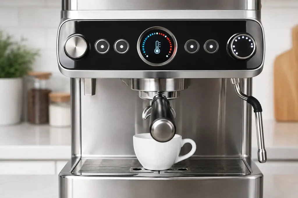 panel ekspresu kolbowego z widocznym ustawieniem temperatury i filiżanką espresso