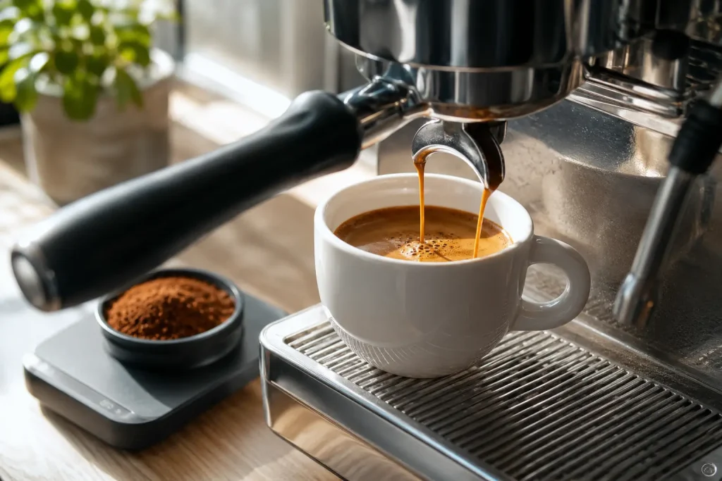 zbliżenie na ekstrakcję espresso z kolby, filiżanka, waga i świeżo zmielona kawa